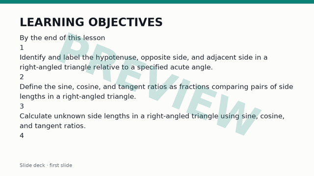 Trigonometric Ratios in Right-Angled Triangles: Sine, Cosine and Tangent: Slide deck — first slide (preview)