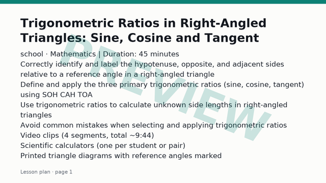 Trigonometric Ratios in Right-Angled Triangles: Sine, Cosine and Tangent: Lesson plan — page 1 (preview)